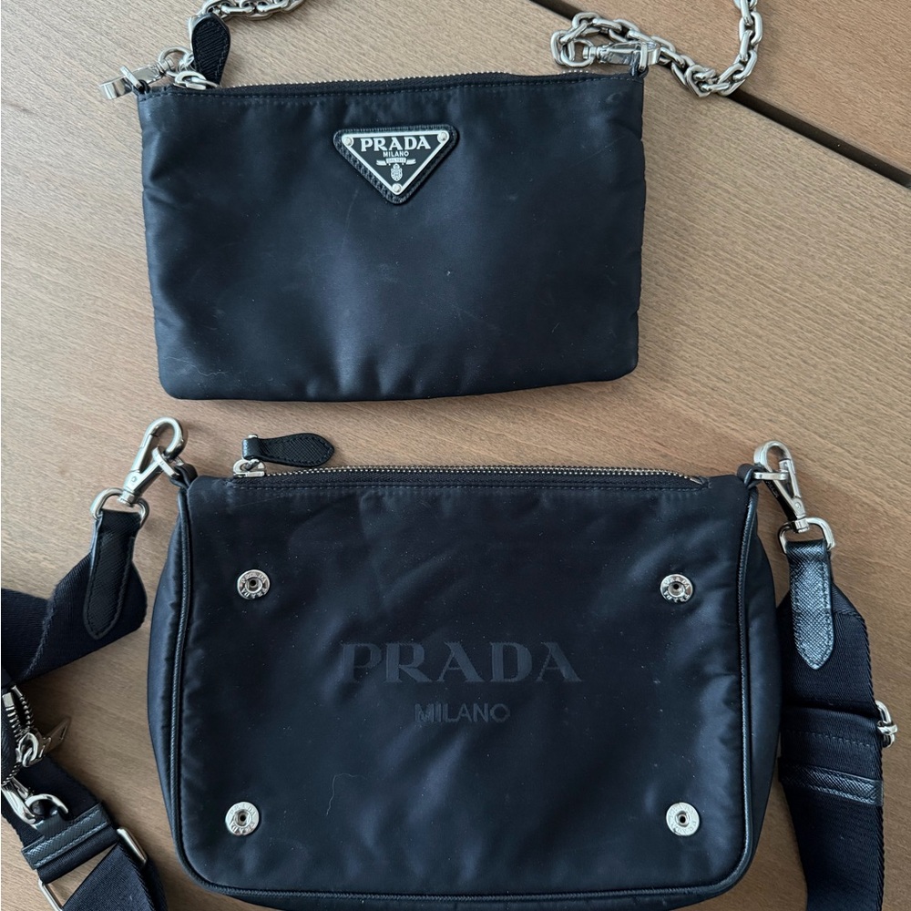 Authentic 2 in 1 Prada Black Nylon Chain-Handle Crossbody Bag with pochette